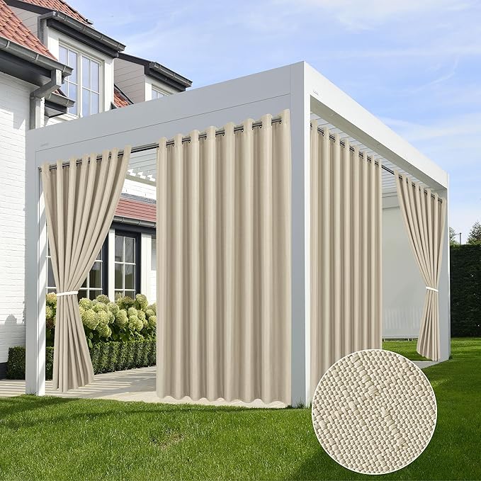 HolidayIdeas Linen Outdoor Curtains for Patio Waterproof 4 Panels Cream Outside Curtains 84 inch Length-Indoor/Outdoor Gazebo Wide Curtains Weatherproof, Privacy for Pergola, Porch, Cabana 110"x84"-Ruum Studio Home
