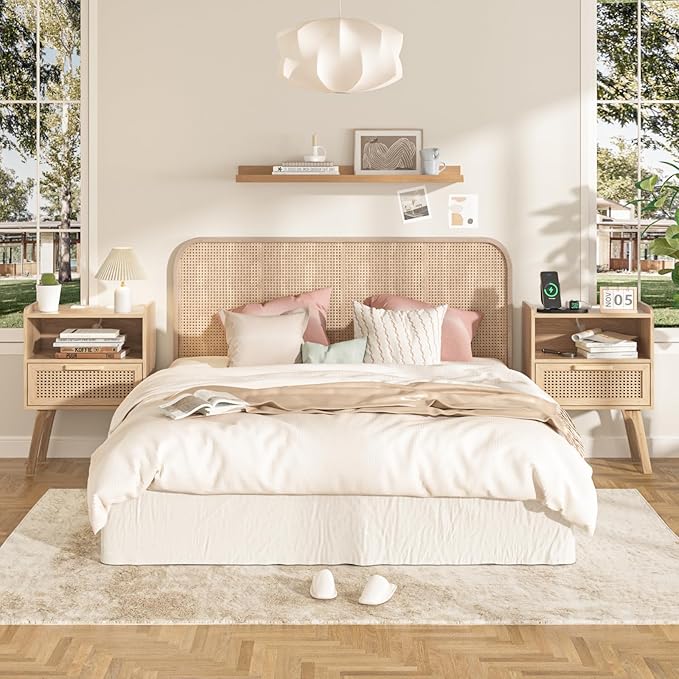 Lerliuo Rattan Nightstand with Charging Station, Boho Night Stand with Handmade Natural Rattan Drawer and Open Shelf, Cane Accent Side End Tables with Solid Wood Legs for Bedroom, Dorm, Small Spaces-Ruum Studio Home