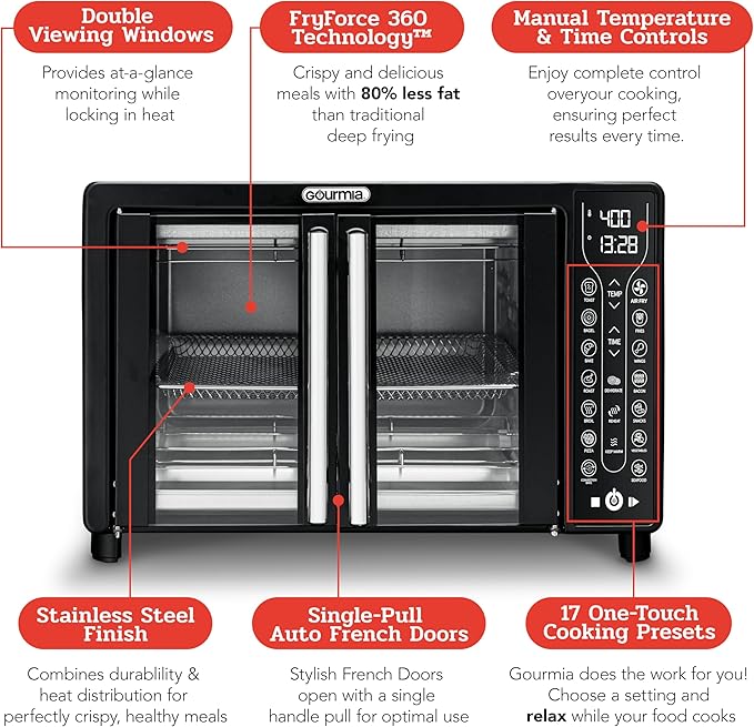 Gourmia Toaster Oven Air Fryer Combo 17 cooking presets 1700W french door digital air fryer oven 24L capacity accessories, convection rack, baking pan tray recipe book GTF7460,Large,Black-Ruum Studio Home