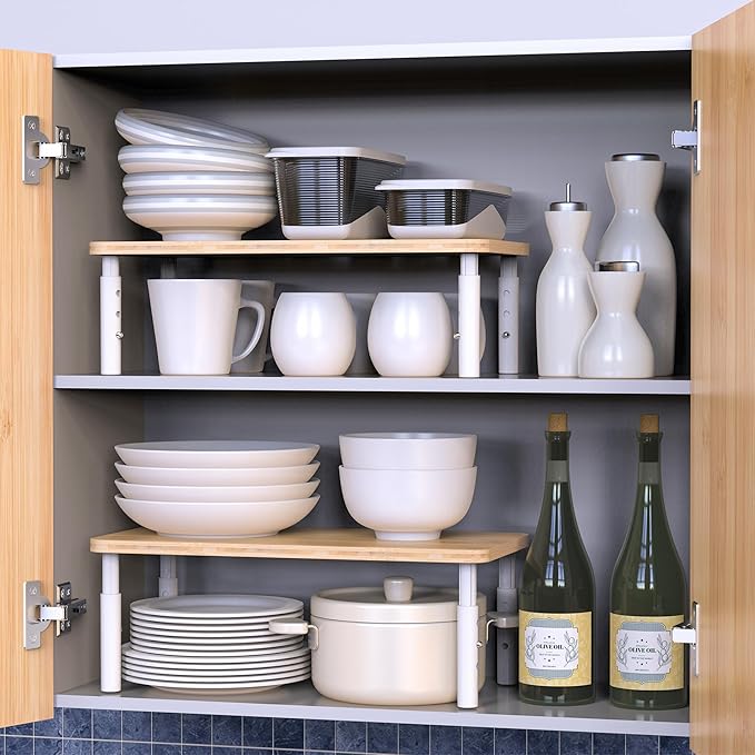 Cabinet Organizer Shelf, Spice Rack Set of 2 Kitchen Pantry Cupboard Shelves, Stackable, Height Adjustable, Natural Bamboo (15.6" W)-Ruum Studio Home