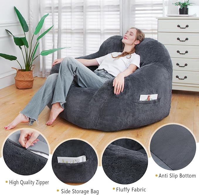 Giant Bean Bag Chair, Oversized Bean Bag Chairs for Adults and Kids, Gaming Chair Stuffed Memory Foam | Storage | Non-Slip, Removable Bean Bag Sofa Comfy Chair for Bedroom, Livingroom (Grey)-Ruum Studio Home