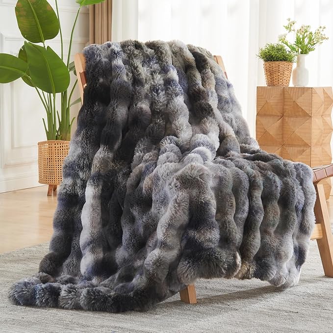 NEWCOSPLAY Faux Fur Twin Blanket Tie-dye Grey Luxury Fluffy Thick Warm Bubble Blanket for Couch Sofa Bed 700GSM (Tie-dye Grey, Twin(60"x80"))-Ruum Studio Home