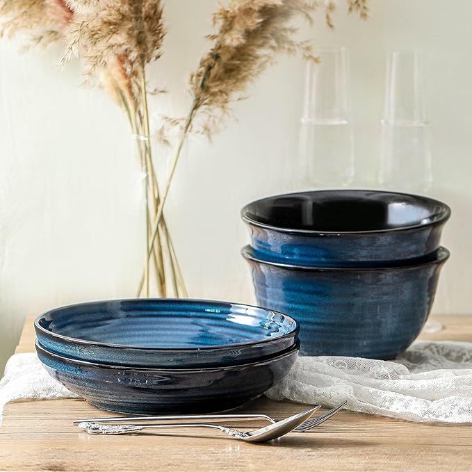 Pasta Bowls 32 OZ,Ceramic Salad Serving Bowls Set of 4,Large 8.7 inch Shallow Bowls Plates for Soup,Fruit,Noodle,Dinner,Dishwasher & Microwave Safe,Navy Blue-Ruum Studio Home