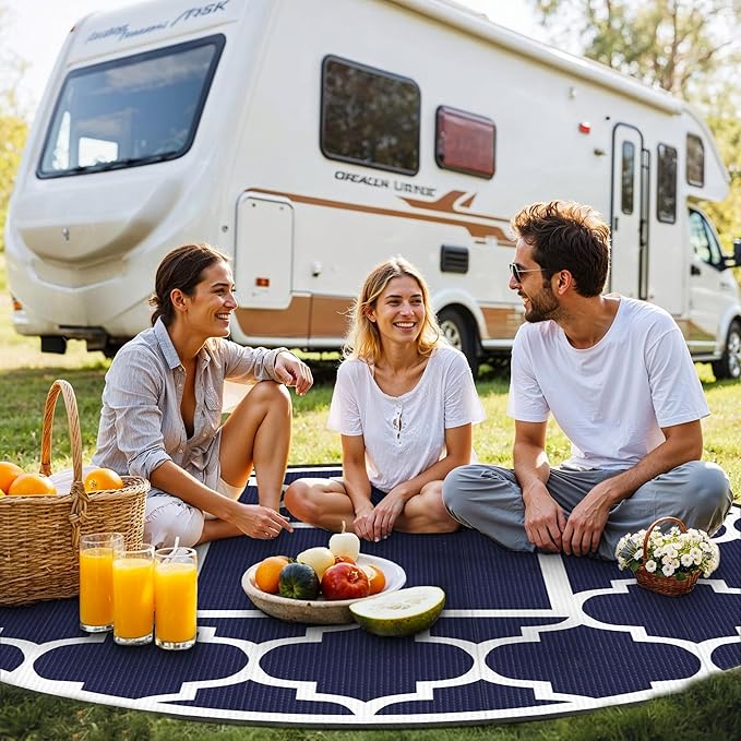 GENIMO 10 ' Round Outdoor Rug for Patio, Waterproof Indoor Outdoor Plastic Straw Rugs Carpet, Reversible Outside Area Mat for Camping, Balcony Porch, Deck, Picnic, Blue White-Ruum Studio Home