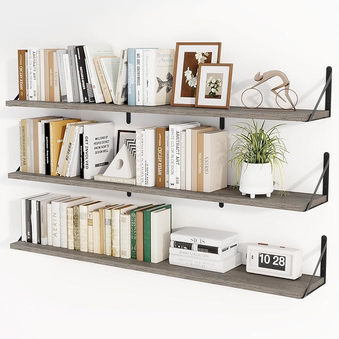 Heimlove 48 Inch Large Floating Bookshelves Set of 3,Wall Mounted Bookshelves,Heavy Duty Bracket Shelves for Living Room,Bedroom,Kitchen,Laundry Room Storage & Decor,Rustic Silver Grey-Ruum Studio Home