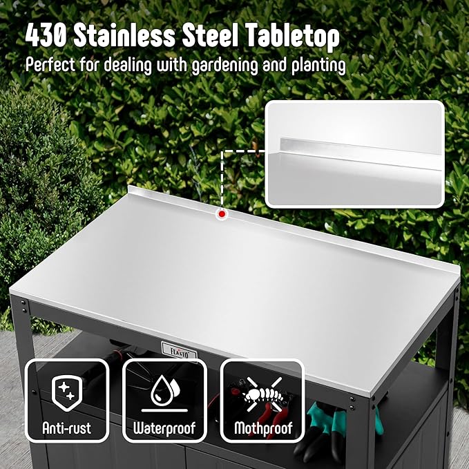 Garden Potting Bench with Storage Cabinet,Outdoor Gardening Table & Work Bench for Plants, Horticulture,Outdoor Workstation with Stainless Steel Tabletop,Outdoor Work Table-Ruum Studio Home