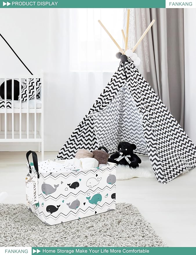 FANKANG Storage Bins, Nursery Hamper Canvas Laundry Basket Foldable with Waterproof PE Coating Large Storage Baskets for Kids Boys and Girls, Office, Bedroom, Clothes,Toys(Rec-whales ）-Ruum Studio Home