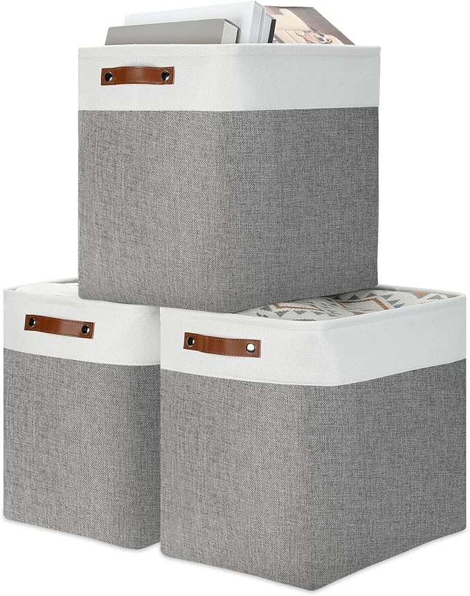 DULLEMELO Storage Baskets 17 inch Large Basket for Blanket Living Room, Foldable Storage Bins Baskets for Organizing [3 Pack] Blanket Storage Baskets Organizer for Home,Office,Closet(White&Grey)-Ruum Studio Home