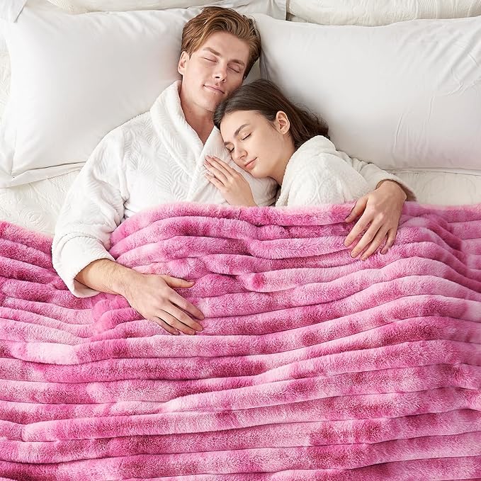 Cozy Bliss Faux Fur Throw Blanket for Couch, Cozy Warm Plush Striped Blanket for Sofa Bedroom Living Room,50 * 60 Inches Tie-dye Pink-Ruum Studio Home