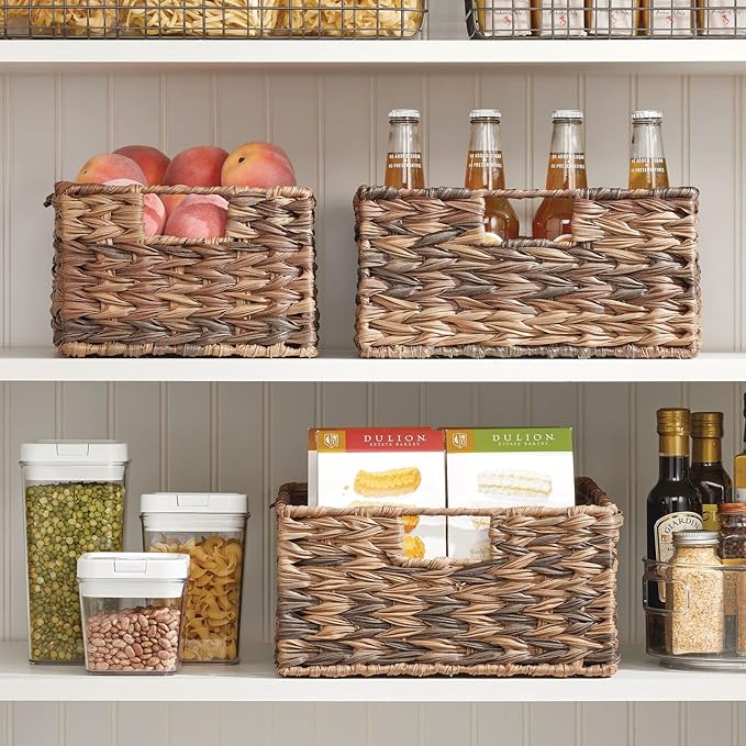 mDesign Woven Farmhouse Kitchen Pantry Food Storage Organizer Basket Bin Box - Container Organization for Cabinets, Cupboards, Shelves, Countertops - Store Potatoes, Onions, Fruit, 3 Pack, Brown Ombre-Ruum Studio Home