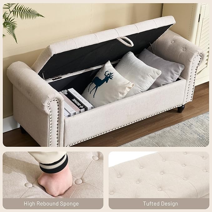 Furniliving 55” End of Bed Bench, Bedroom Bench with Button-Tufted, Large Upholstered Storage Ottoman Entryway Bench with Storage Shoe Cabinet Bench, for Bedroom, Linen, Camel-Ruum Studio Home