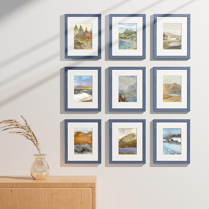 Vittanly 8x10 Picture Frames Set of 9, Shatter Resistant Plexiglass, Display 5x7 Pictures with Mat or 8x10 without Mat, Photo Frames for Wall or Tabletop, Engineered Wood, Navy-Ruum Studio Home