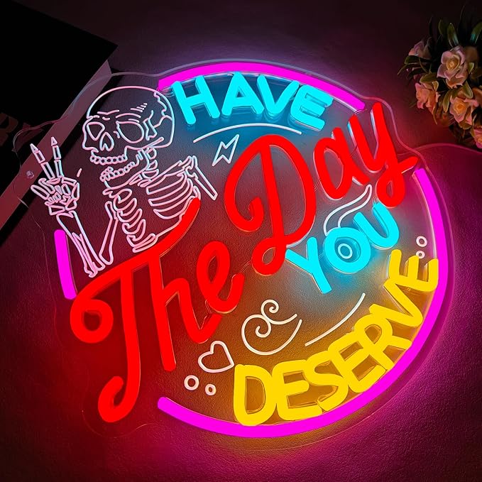 Have The Day You Deserve Neon Sign,Funny Skull Neon Signs For Wall Decor,USB Dimmable LED Neon Light signs for Bedroom,Party, Bar, club,Living Room Halloween Decoration Gifts-Ruum Studio Home