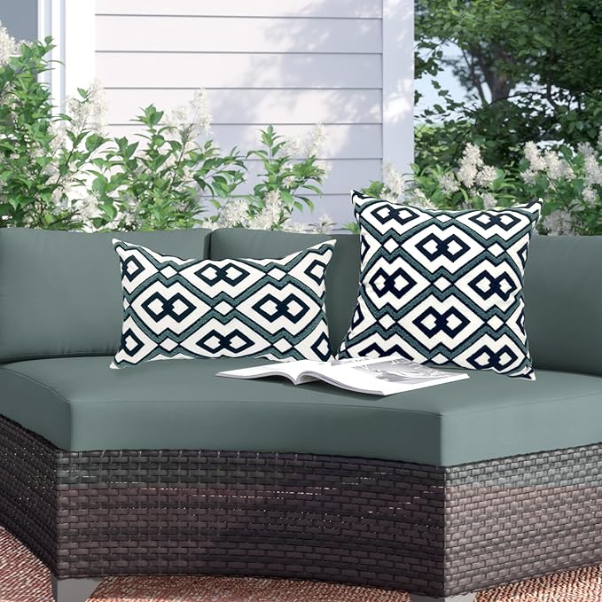 Alysheer Embroidered Lumbar Decorative Throw Pillow Cover 12"x 20", Classic Boho Geometric Embroidery Pattern Cotton Rectangular Cushion Case for Sofa Couch Living Room Bedroom (Navy Aqua)-Ruum Studio Home