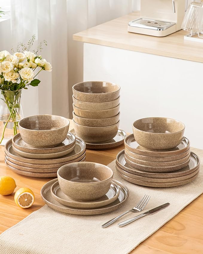 vancasso ANYA 24 Pieces Plates and Bowls Set, Caramel Dinnerware Sets, Reactive Glaze Dishes Set for 8, Ceramic Dishware Sets Kitchen Dinner Set, Microwave & Dishwasher Safe-Ruum Studio Home