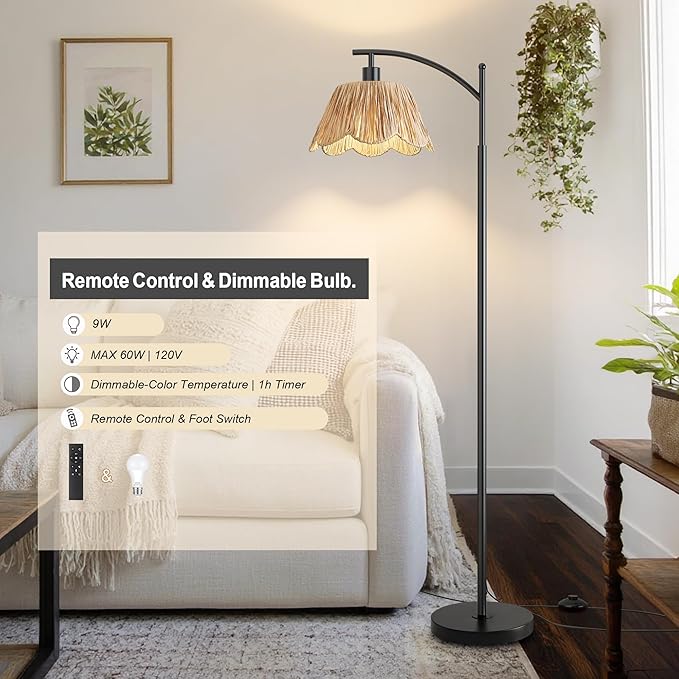 Oneach Arc Floor Lamp for Living Room with 3 Color Temperatures, Rattan Boho Floor Lamp with Hand-Woven Wicker Shade,Farmhouse Floor Lamps with Remote & Dimmable Bulb, Suitable for Bedroom（Black）-Ruum Studio Home