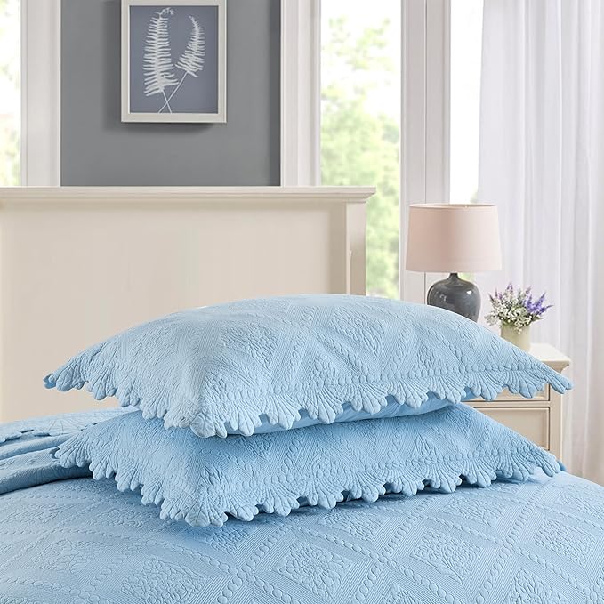 MarCielo 3-Piece 100% Cotton Oversized Bedspread Lightweight Quilt Coverlet Embroidery Farmhouse Bedding Set (TK Light Blue, Oversized King (118"x106"))-Ruum Studio Home