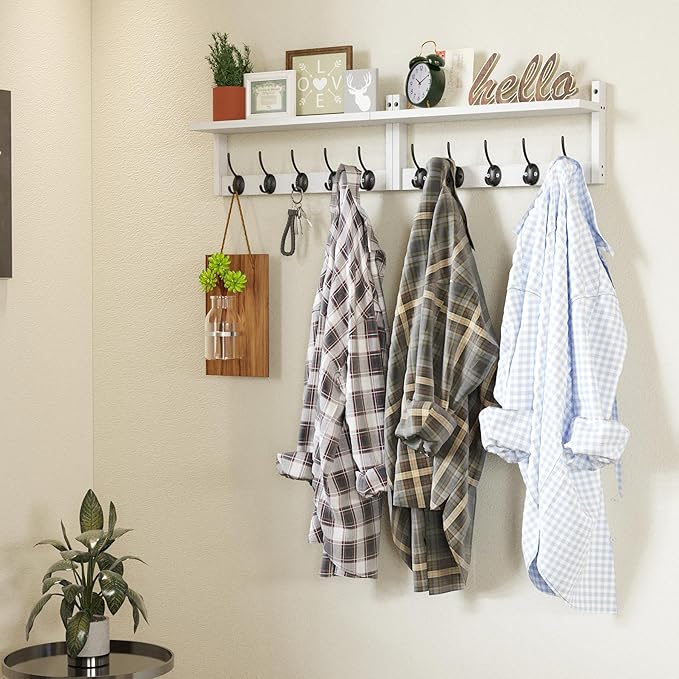 AMBIRD 34.2" L Wooden Wall Coat Hooks with Shelf - Versatile and Decorative Wall-Mounted Storage - 10 Hooks for Hanging Coats, Hats, Keys, Bags, Scarves - Ideal for Entryways, Bedrooms, Closets(White)-Ruum Studio Home