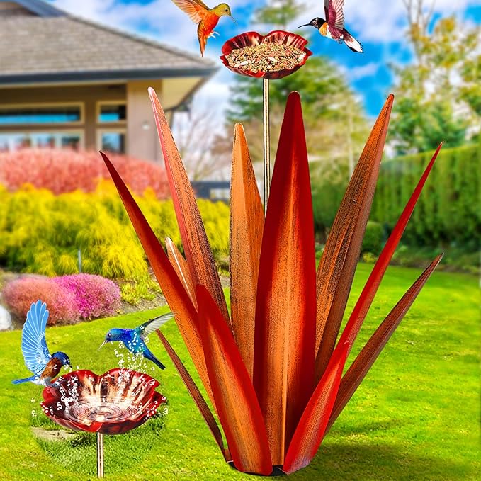 Large Tequila Rustic Sculpture, Rustic Metal Agave Plants for Outdoor Patio Yard, Home Decor Hand Painted Metal Agave Garden Yard Statue, Outdoor Lawn Ornaments (Red - L (W/Bird Feeder))-Ruum Studio Home