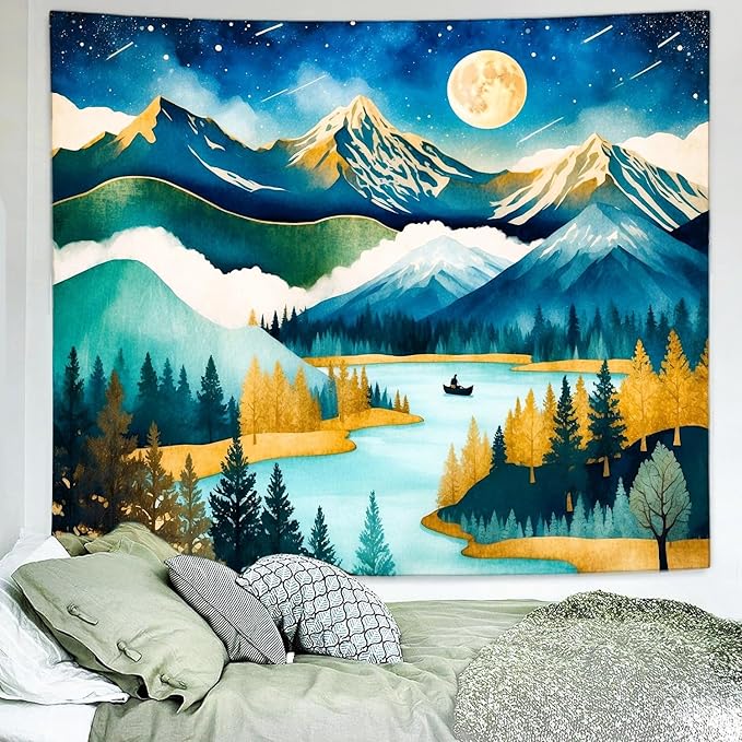 Delur Mountain Tapestry Boho Moon Stars Starry Night Tapestry Wall Hanging Forest Tree Nature Landscape Psychedelic Headboard for Bedroom Living Room Home Decor (70.8" x 92.5")-Ruum Studio Home