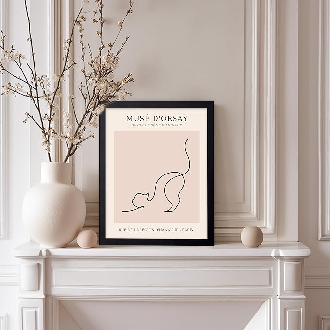 Poster Master Vintage Poster - Retro One Line Cat Drawing Print - Cat Art - Minimal Gift for Men, Women, Animal Lover - Abstract Wall Decor for Home, Office, Bedroom, 11x14 Black Framed-Ruum Studio Home