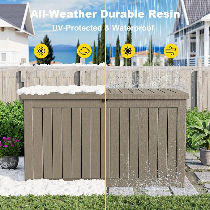 230 Gallon Outdoor Deck Box,Storage Lockable Waterproof Patio Furniture,Garden Tools,Cushions,Pool Accessories Outside Storage Resin Box(Grey)-Ruum Studio Home
