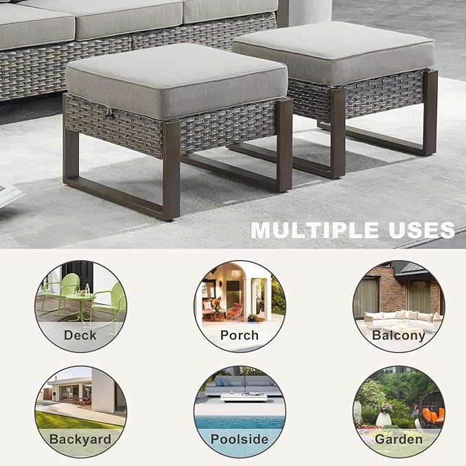 Outdoor Ottoman Wicker Patio Footrest - 2 Piece Wicker Footrest Footstools Set with Sturdy Frame,All-Weather PE Wicker, Thick Cushions for Deck Porch Garden(Mixed Grey/Grey)-Ruum Studio Home