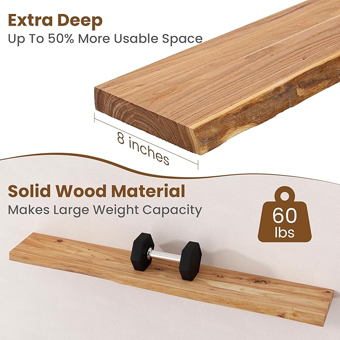 Floating Shelves for Wall Decor, Rustic Solid Elm Wood Live Edge Floating Shelves Wall Mounted, Wall Shelves with Invisible Bracket for Living Room Bathroom Bedroom Kitchen, 48 Inch, Natural-Ruum Studio Home
