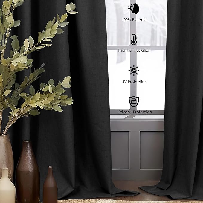 Black Blackout Curtains 84 Inches Long 100% Black Out Linen Farmhouse Light Blocking Curtain for Bedroom Living Room Darkening Back Tab Thermal Insulated Drapes Sliding Glass Door 7ft Length 2 Panel-Ruum Studio Home