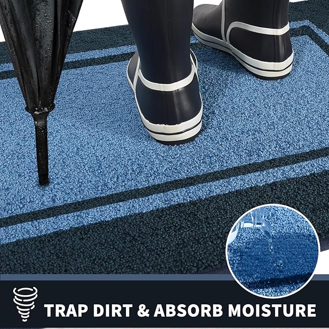 PURRUGS Dirt Trapping Door Mat 24" x 36", Non-Slip/Skid Machine Washable Entryway Rug, Shoes Scraper, Area Rug, Super Absorbent Welcome Mat for Muddy Wet Shoes and Paws, Light Blue & Navy-Ruum Studio Home