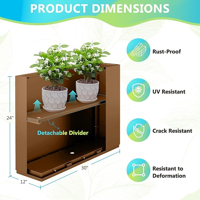 FENCY Metal Planter Box, Large Rectangular Planters for Outdoor Plants, Outdoor Tall Planters with Drainage Holes, Brown Metal Planters (30" L x 12" W x 24" H)-Ruum Studio Home