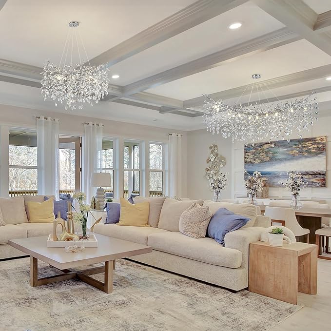 Modern Round Crystal Chandeliers, 30" Crystal Chandeliers for Dining Room,Silver Tree Branches Chandelier, for Living Room,High Ceiling,Foyer,Entryway,Kitchen Island-Ruum Studio Home
