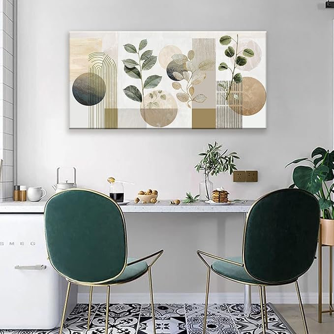TAIJXAGSG Green Boho Wall Art Minimalist Canvas Wall Art Decor Geometric Line Leaf Beige Green Wall Art Canvas Artwork Print Paintings Abstract Art Botanical Boho Room Office Home Wall Decor 20"X 40"-Ruum Studio Home