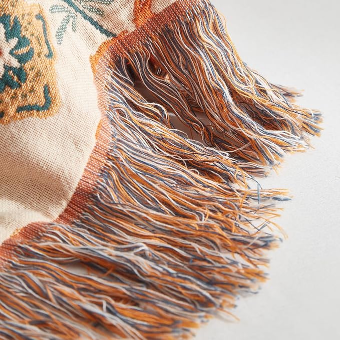 Boho Throw Blanket for Couch Sofa Bed, 100% Cotton Woven Quilt with Tassel 80”x90”, Super Soft Muslin Blanket with Floral Printed, Decorative Reversible Bed Blanket/Cover for All Seasons-Ruum Studio Home