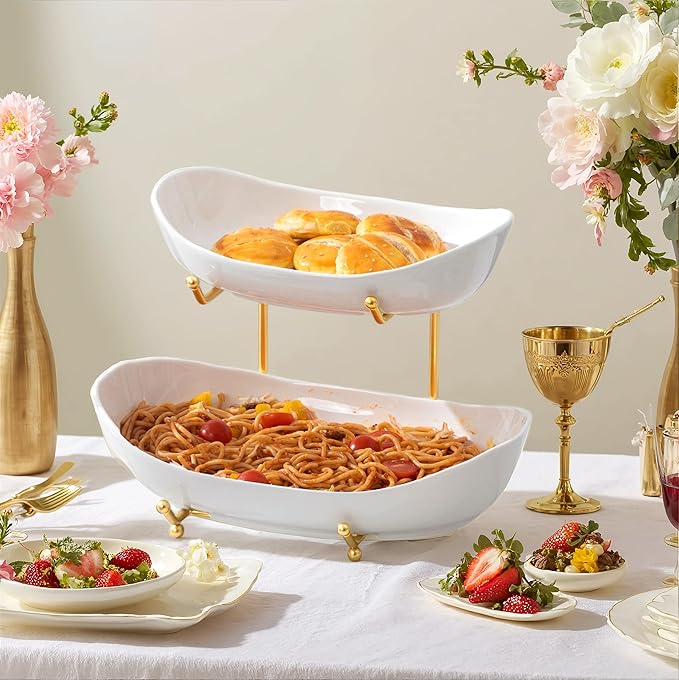 HBlife Extra Large Fruit Basket for Kitchen Counter - 2 Tier Ceramic Fruit Bowl with Metal Stand, Bathroom Countertop Organizer, Tiered Serving Trays for Party-Ruum Studio Home