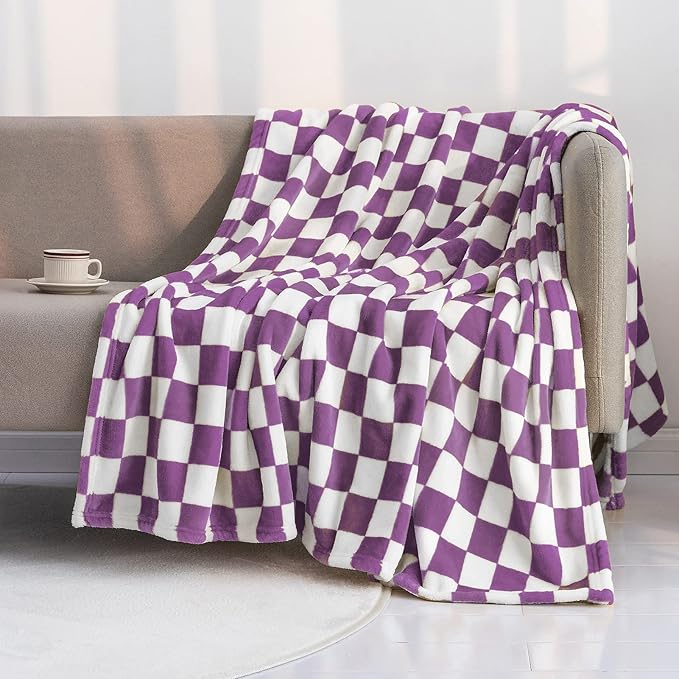 LOMAO Throw Blankets Flannel Blanket with Checkerboard Grid Pattern Soft Throw Blanket for Couch, Bed, Sofa Luxurious Warm and Cozy for All Seasons (Purple, 40"x50")-Ruum Studio Home
