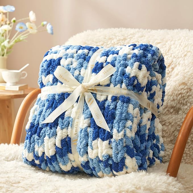 Amélie Home Chunky Knit Throw Blanket for Couch, Soft Chenille Crochet Blanket for Sofa, 50"x60", Space-Dyed Blue-Ruum Studio Home