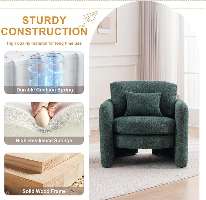 Chenille Accent Armchair Oversize Upholstered Barrel Comfy Modern Round Lounge Chair with Pillow Cozy Reading Chairs for Apartment,Office,Living Room,Dining,Makeup,Club,Green-Ruum Studio Home