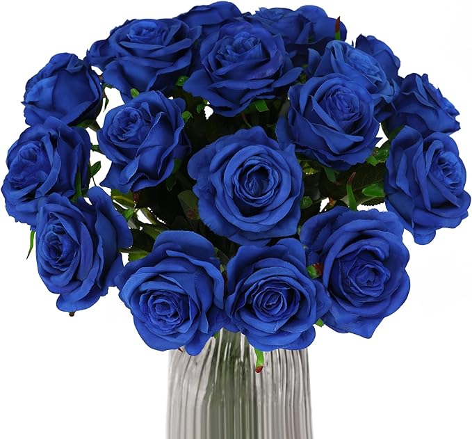 Blue Fake Roses Artificial Flowers - 16 Pcs Fake Artificial Roses Silk Flowers with Stems for Home Wedding Hotel Office Centerpiece Decor-Ruum Studio Home