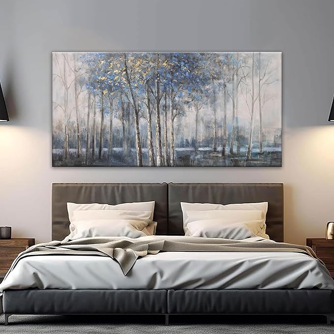 Canvas Wall Art Decor Pictures Wall Decor Prints Modern Large Wall Art Gold Wall Art Blue Grey Misty Botanical Textured Artwork for Walls For Room Living Room Bedroom Office Wall Decor 24"X48"-Ruum Studio Home