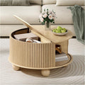 Round Coffee Table with Storage,Fluted Lift Up Coffee Table with Sliding Door,31.5" Drum Center Table with Bun Feet for Living Room,Home Small Space,Oak-Ruum Studio Home