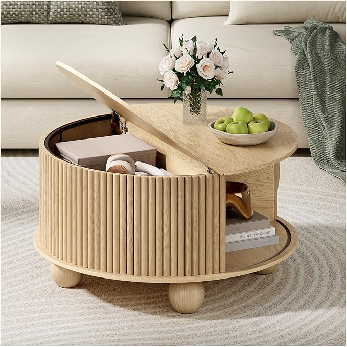 Round Coffee Table with Storage,Fluted Lift Up Coffee Table with Sliding Door,31.5" Drum Center Table with Bun Feet for Living Room,Home Small Space,Oak-Ruum Studio Home