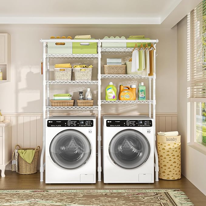 Ulif U13 Over Washer and Dryer Storage Shelves, 6 Tiers Laundry Room Standing Shelf with 2 Hanger Rods, Space Saver Clothes Drying Rack, 63.4" W x 22" D x 77.4" H, White-Ruum Studio Home