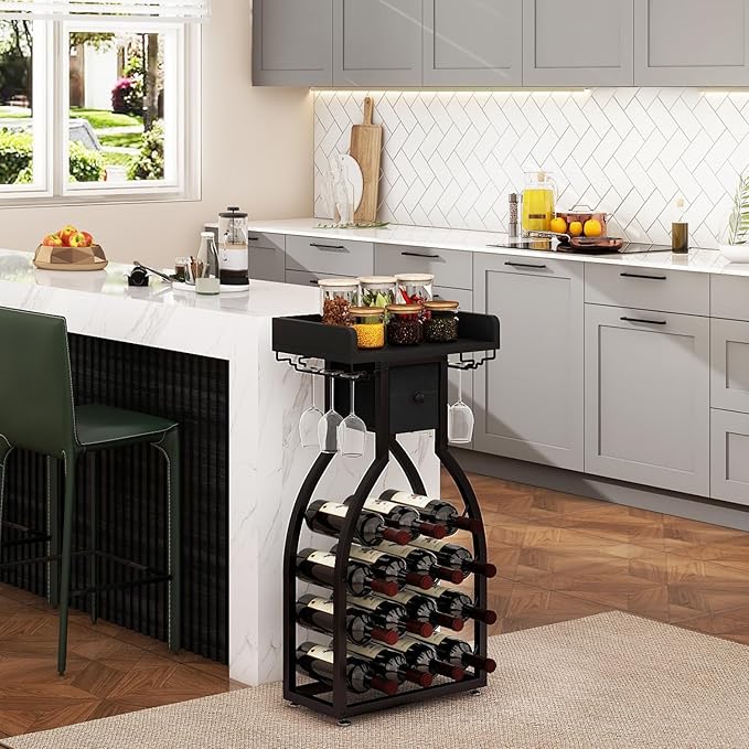 IBUYKE Wine Rack Freestanding Floor,Wine Storage 15 Bottles Bottle Rack with Glass Holders, Mini Bar Wine Cabinet with Storage Drawer for Home Bar Kitchen Dining Room,Black,UTMJ908B-Ruum Studio Home