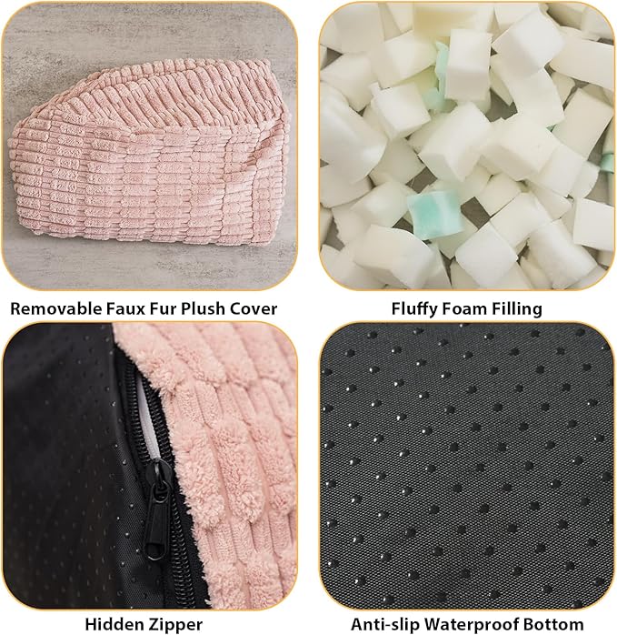 Round Stuffed Pouf Ottoman for Foot Rest, Storage Ottoman Pouf Foot Stool Cushion, Faux Fur Poufs with Foam Chunk Filling, 26 X 18 Inch Floor Chair for Living Room Bedroom Home Decor, Pink-Ruum Studio Home