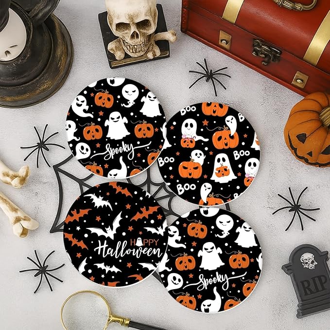 Coaster for Drinks Set of 6, Halloween Ghost Pumpkins Bats Holiday Black Absorbent Round Ceramic Stone Mat, with Cork Base and Metal Holder, Gift for Housewarming Room Bar Decor-Ruum Studio Home