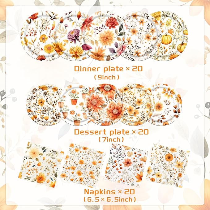 Fall Party Supplies - 60Pcs Autumn Thanksgiving Plates and Napkins Pumpkin Maple Leaf Table Decorations for Fall Birthday,Thanksgiving Party-Ruum Studio Home