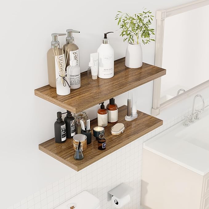 30" Floating Shelves for Wall, 12" Deep Slim Walnut Floating Shelves, Wall-Mounted Shelves for Bedroom, Living Room, Kitchen, Bathroom - Set of 2-Ruum Studio Home