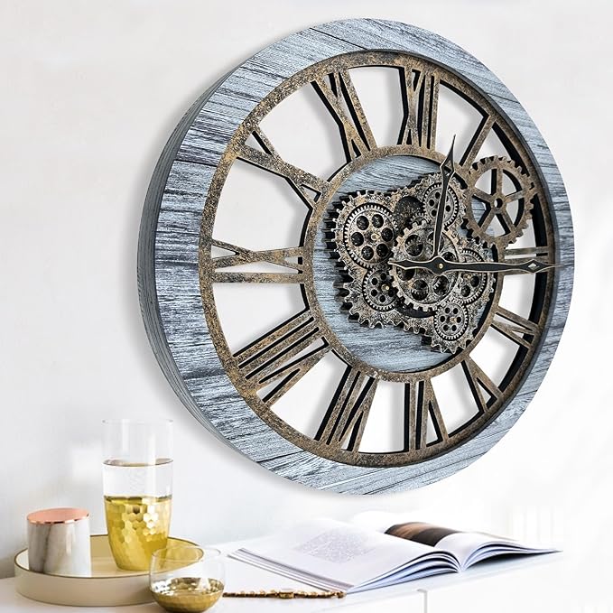 HOIBAI Large Wall Clock, Wall Clocks for Living Room Decor Farmhouse Vintage Rustic Kitchen Wall Decor Vintage Roman Big Oversized Wall Clock for Home Bedroom House Office, Moving Gears Clock-Ruum Studio Home