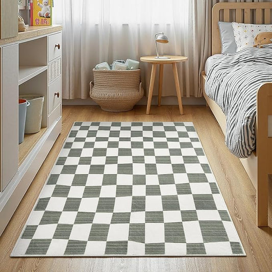 jinchan 3x5 Checkered Area Rugs for Kids Room - Machine Washable Soft Rug Modern Geometric Lattice Non-Slip Carpet for Nursery Playroom Bedroom Entryway Living Room Dining Room Home Office Grey-Ruum Studio Home